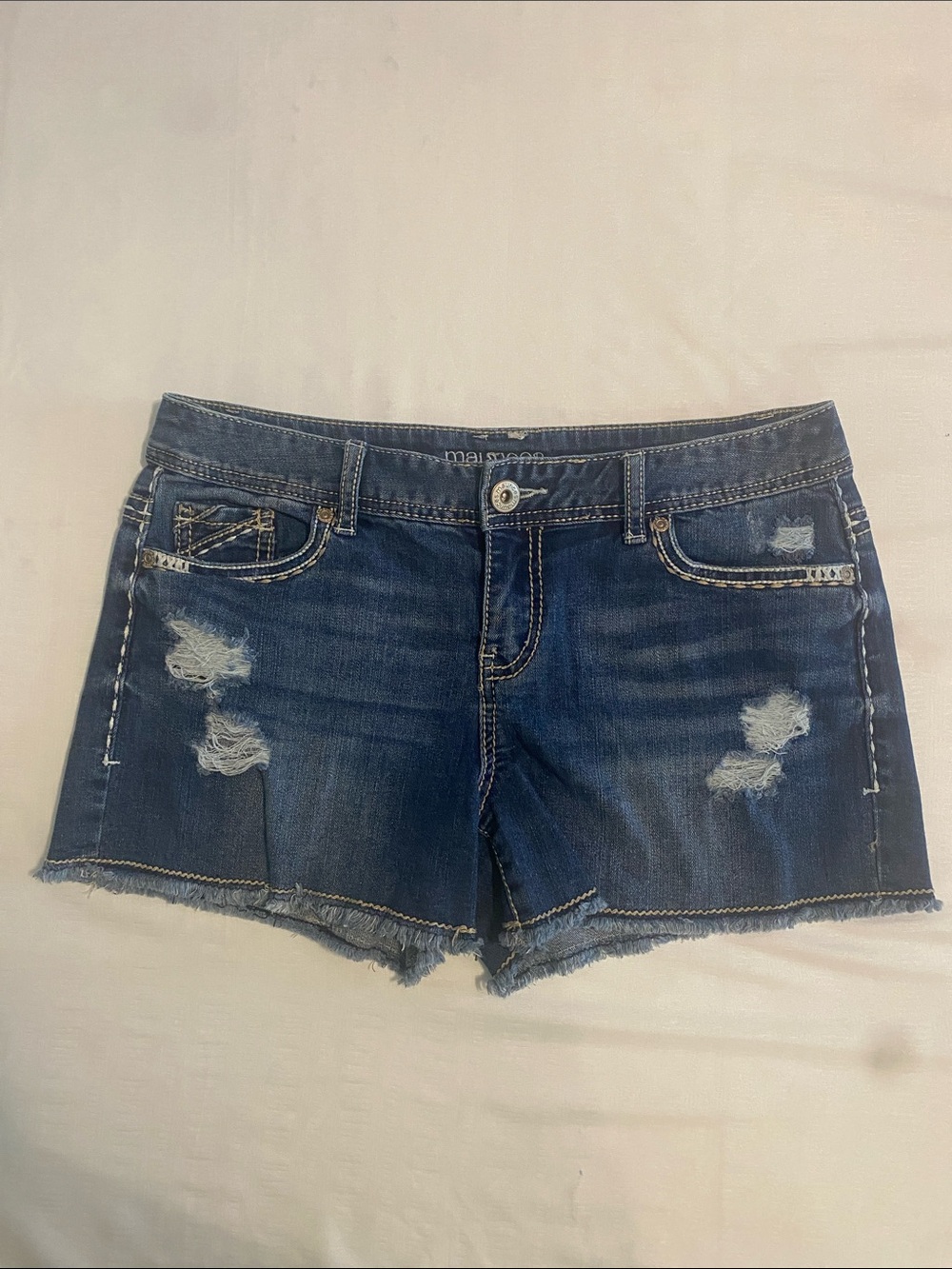 maurices Distressed Dark Blue Denim Jean Shorts